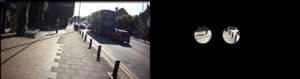 Two images side by side, looking South along the High Street. Image on the right is an overlay of pin holes to represent tunnel vision