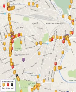 Map showing locations of collisions in East Gosforth ward