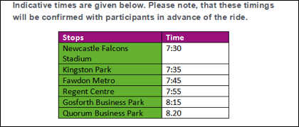 Picture of the Bike Train timetable.