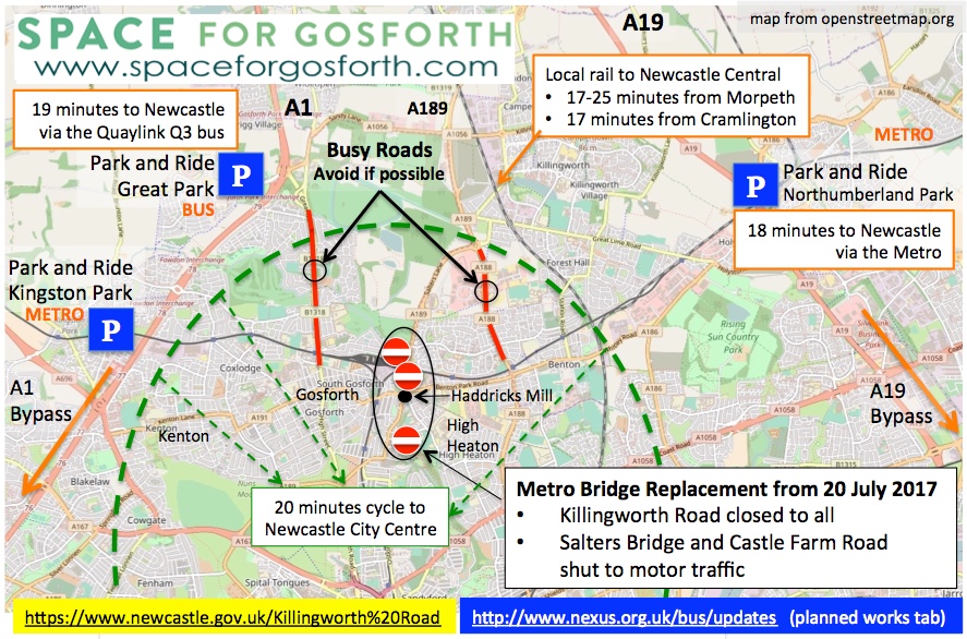 Map of the north of Newcastle showing the Killingworth Road closure, routes that might be impacted as well as park and ride sites.