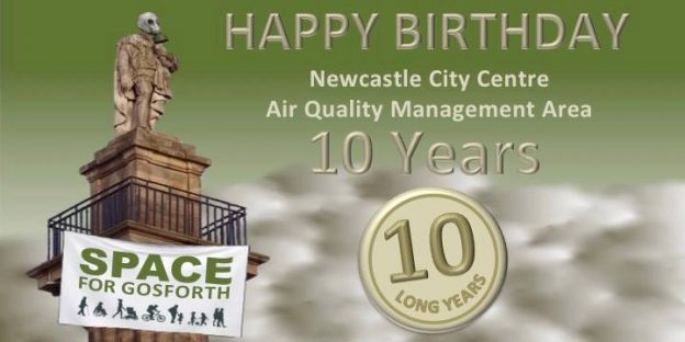 Image of Grey's Monument wearing a gas mask to symbolise air pollution in Grainger Town