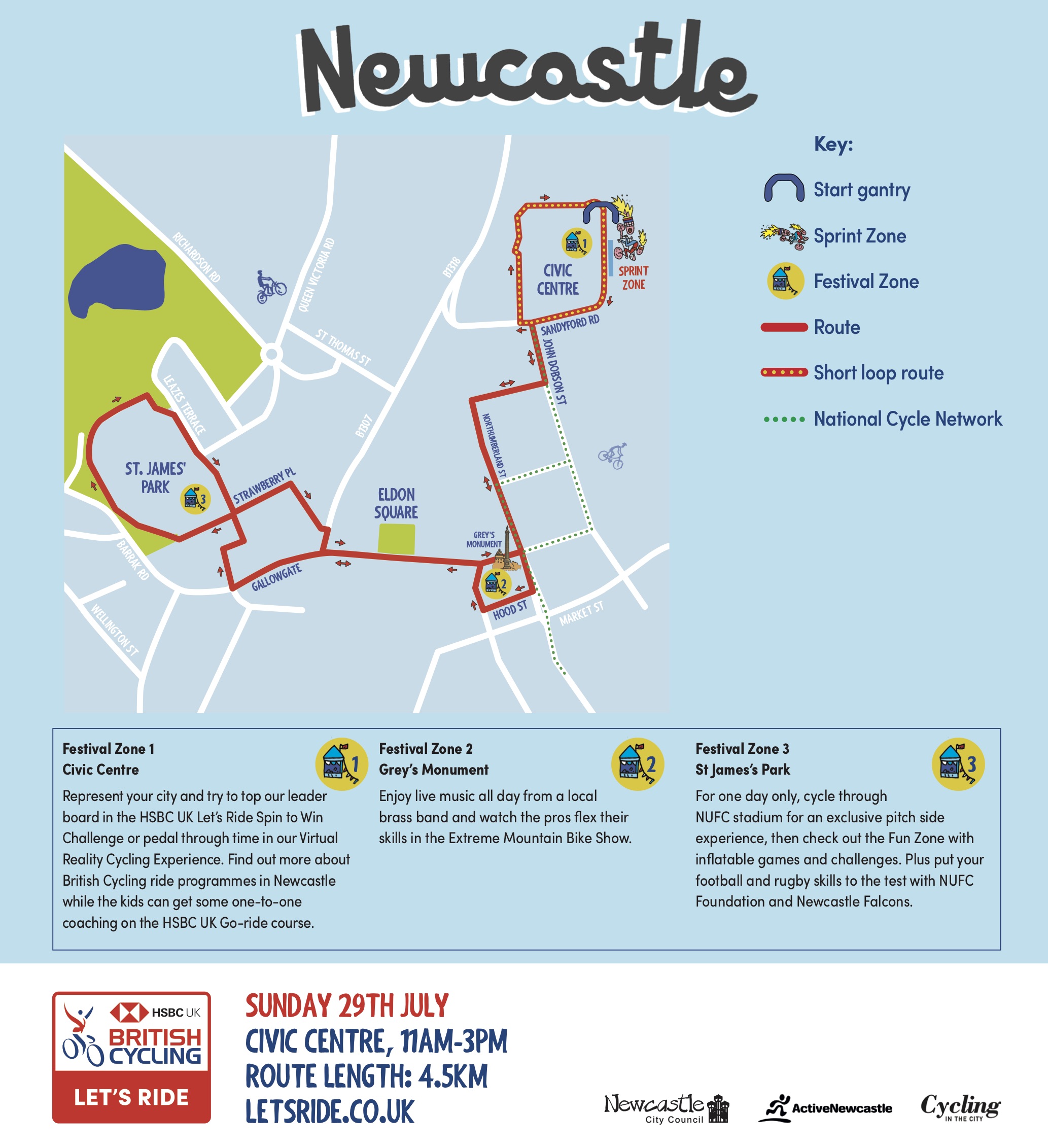 Map of the Let's ride Newcastle circuit around the centre of Newcastle. 