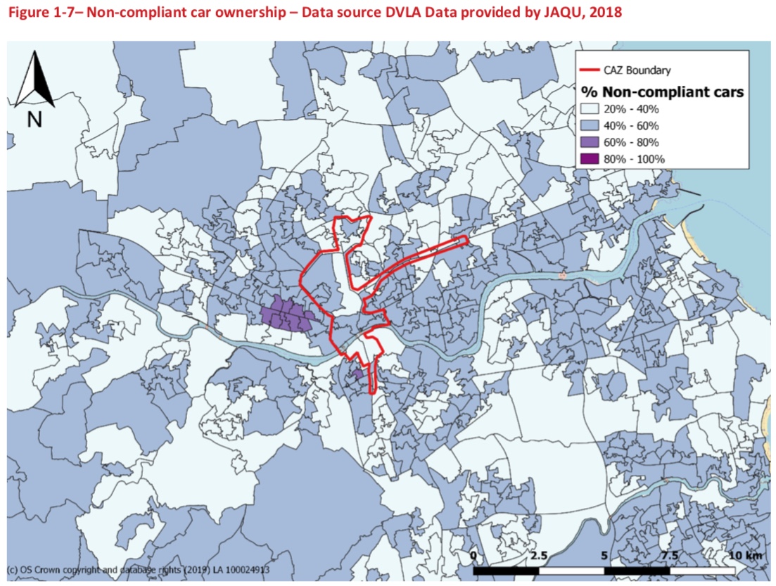 Map showing non-compliant cars by area. 
