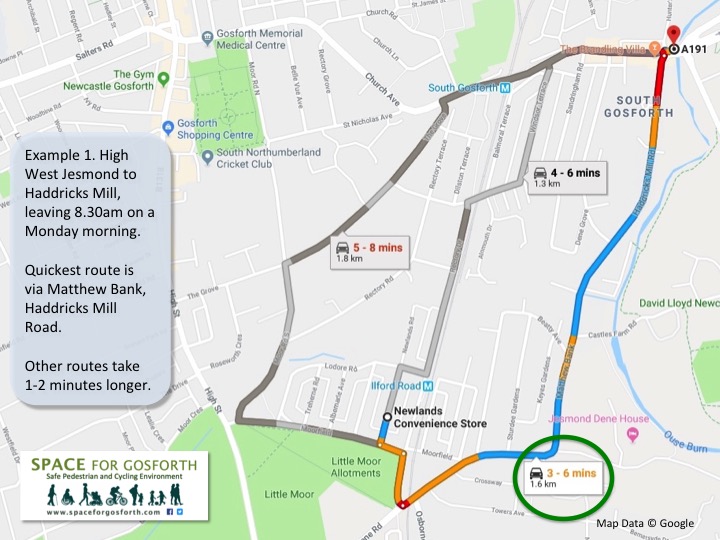 Screenshot of Google Maps showing car routes from High West Jesmond to Haddricks Mill.