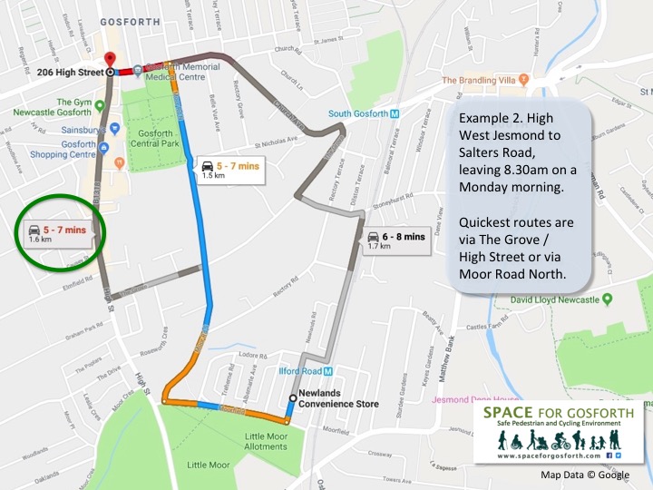 Screenshot of Google Maps showing car routes from High West Jesmond to Salters Road.