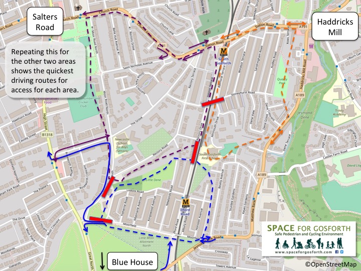 Map showing quickest vehicle routes for all three sub-areas