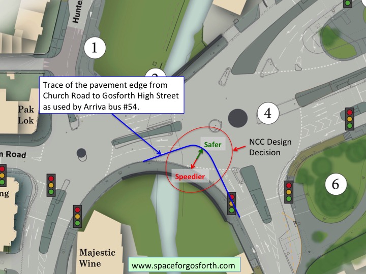 Diagram of Haddricks Mill super-imposing the line of the much tighter Church Road corner onto the junction.