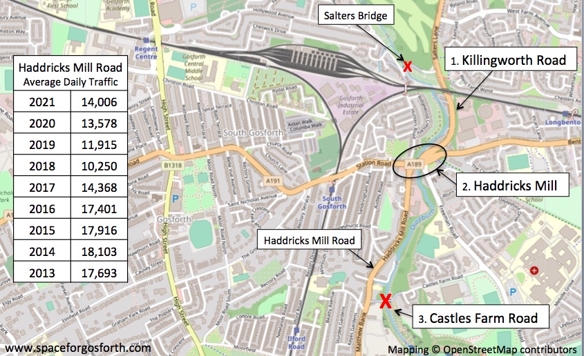 Map of South Gosforth showing Haddricks Mill and Haddricks Mill Road
