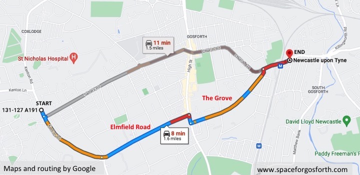 Map showing a driving route recommended by Google Maps.