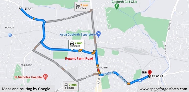 Map showing a driving route recommended by Google Maps.