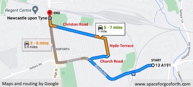Map showing a driving route recommended by Google Maps.
