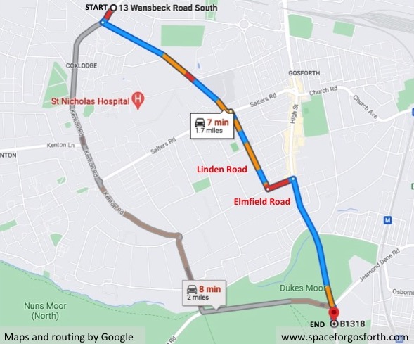 Map showing a driving route recommended by Google Maps.