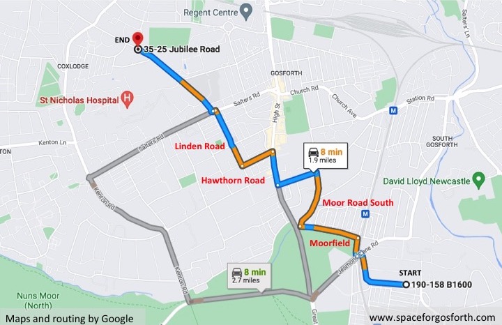 Map showing a driving route recommended by Google Maps.