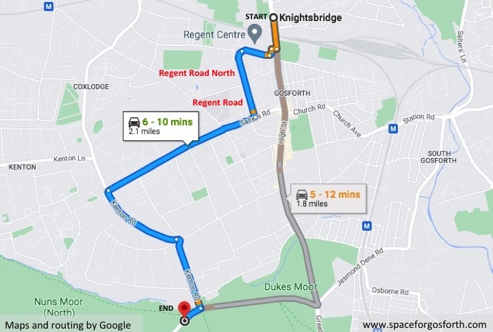 Map showing a driving route recommended by Google Maps.