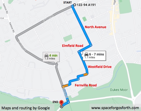Map showing a driving route recommended by Google Maps.