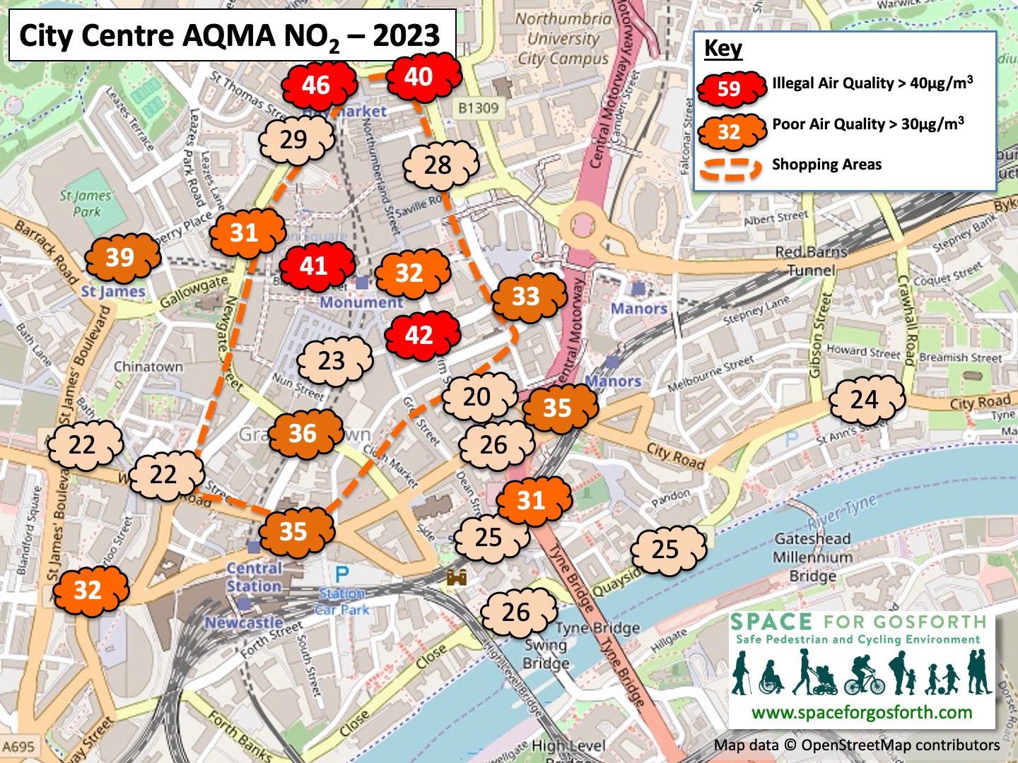 Map of Newcastle City Centre showing locations of air pollution readings.