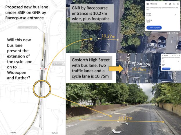 Graphic showing the width of the road where the bus lane is proposed vs Gosforth High Street where there is a bus lane and a south-bound painted cycle lane.